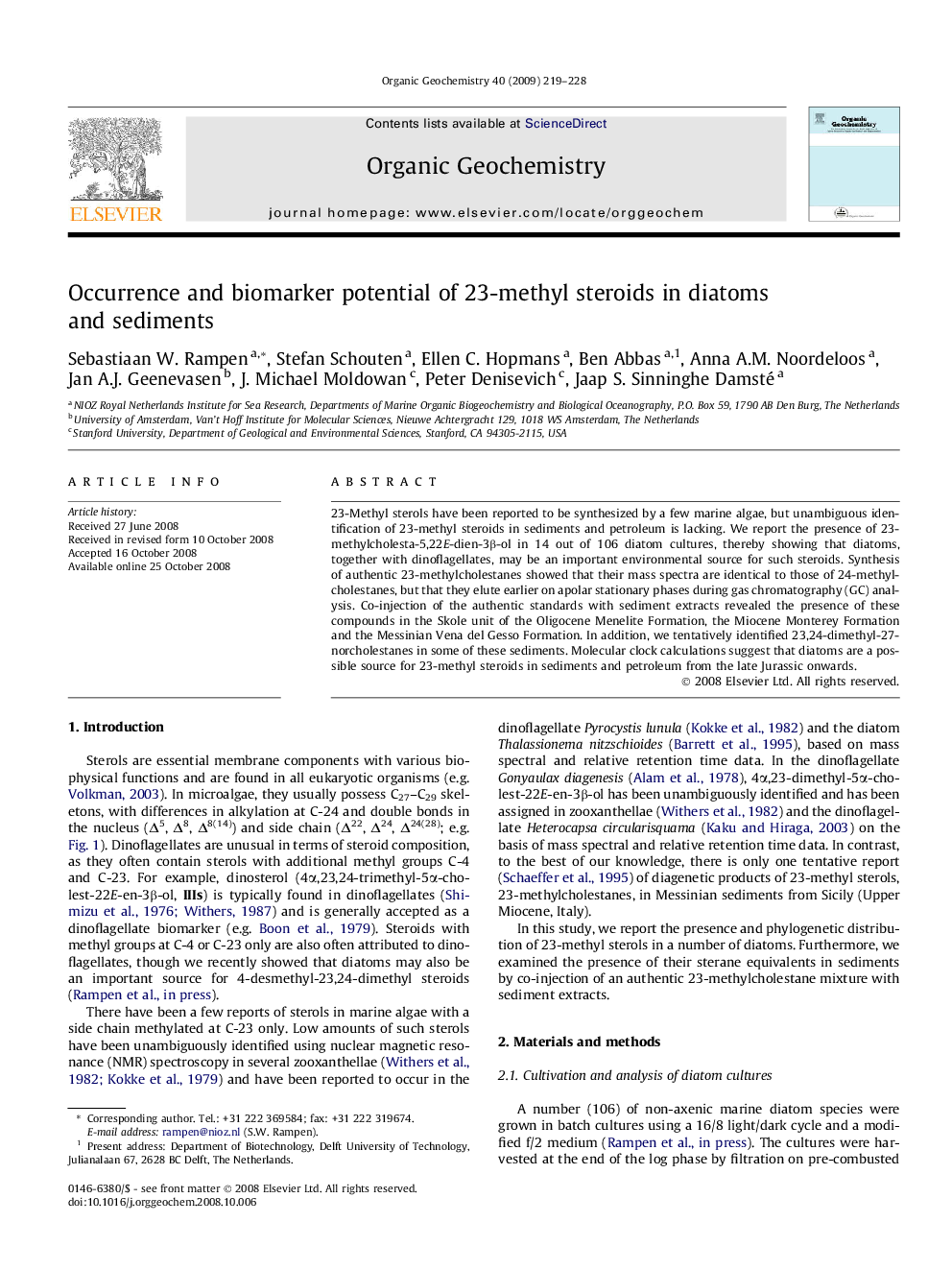 Occurrence and biomarker potential of 23-methyl steroids in diatoms and sediments