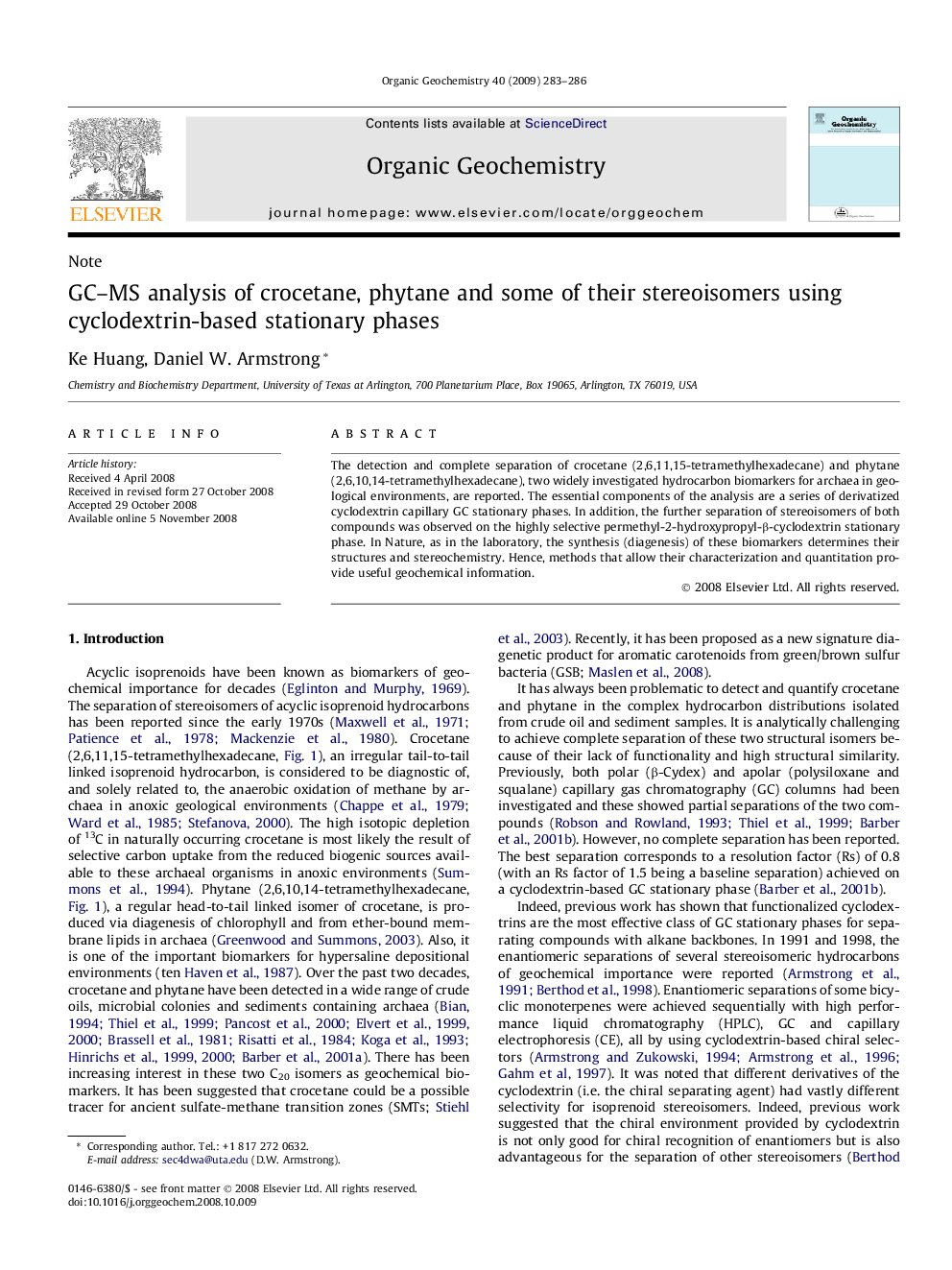 GC-MS analysis of crocetane, phytane and some of their stereoisomers using cyclodextrin-based stationary phases