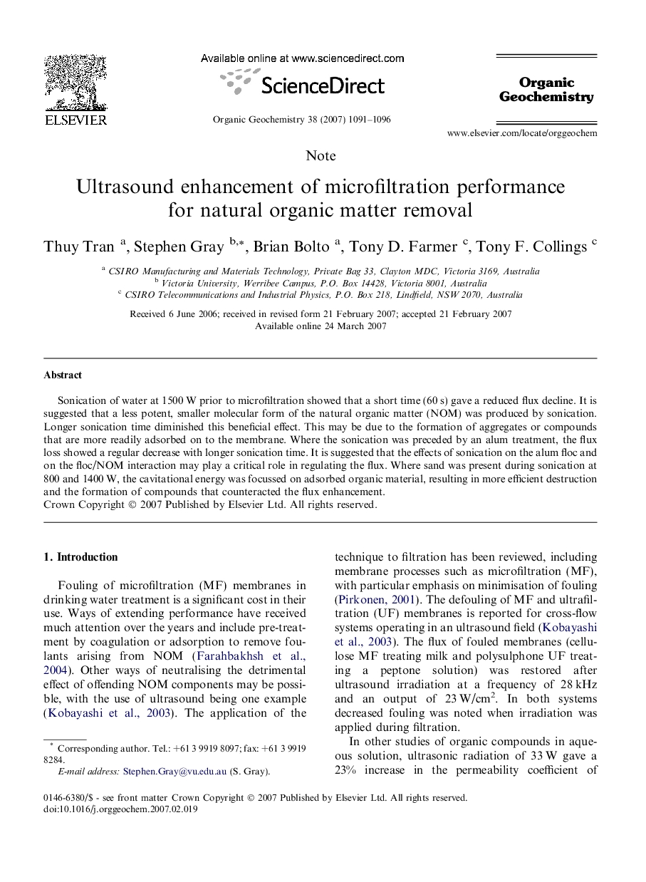 Ultrasound enhancement of microfiltration performance for natural organic matter removal