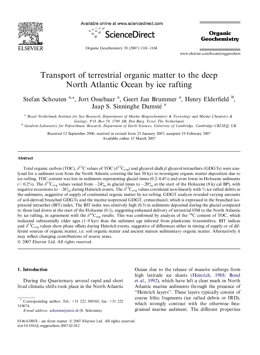 Transport of terrestrial organic matter to the deep North Atlantic Ocean by ice rafting