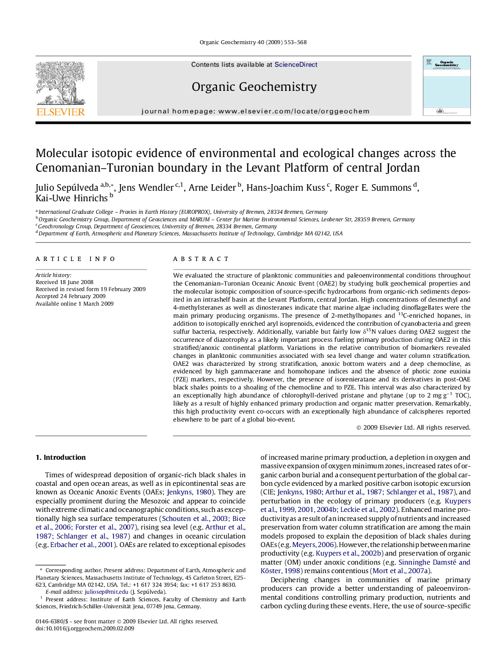 Molecular isotopic evidence of environmental and ecological changes across the Cenomanian-Turonian boundary in the Levant Platform of central Jordan