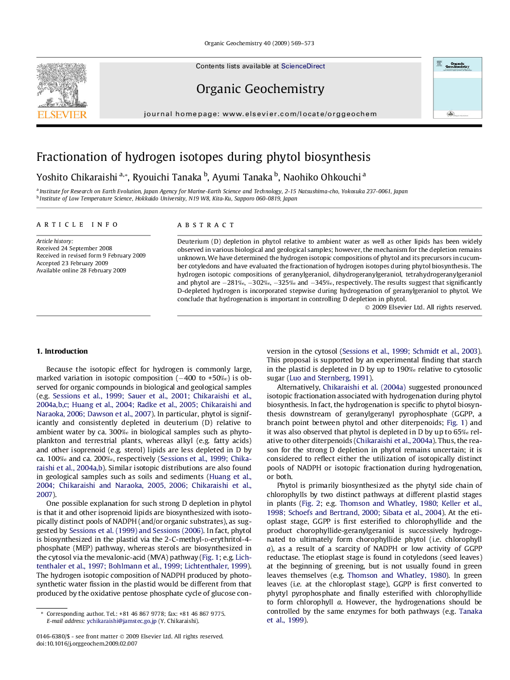Fractionation of hydrogen isotopes during phytol biosynthesis