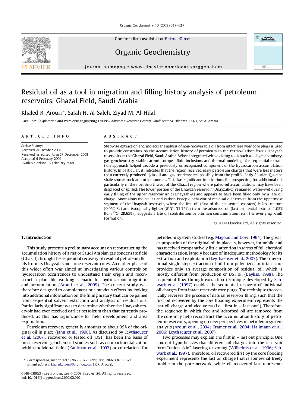 Residual oil as a tool in migration and filling history analysis of petroleum reservoirs, Ghazal Field, Saudi Arabia