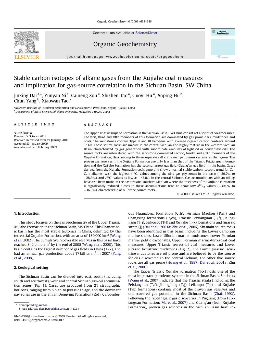 Stable carbon isotopes of alkane gases from the Xujiahe coal measures and implication for gas-source correlation in the Sichuan Basin, SW China