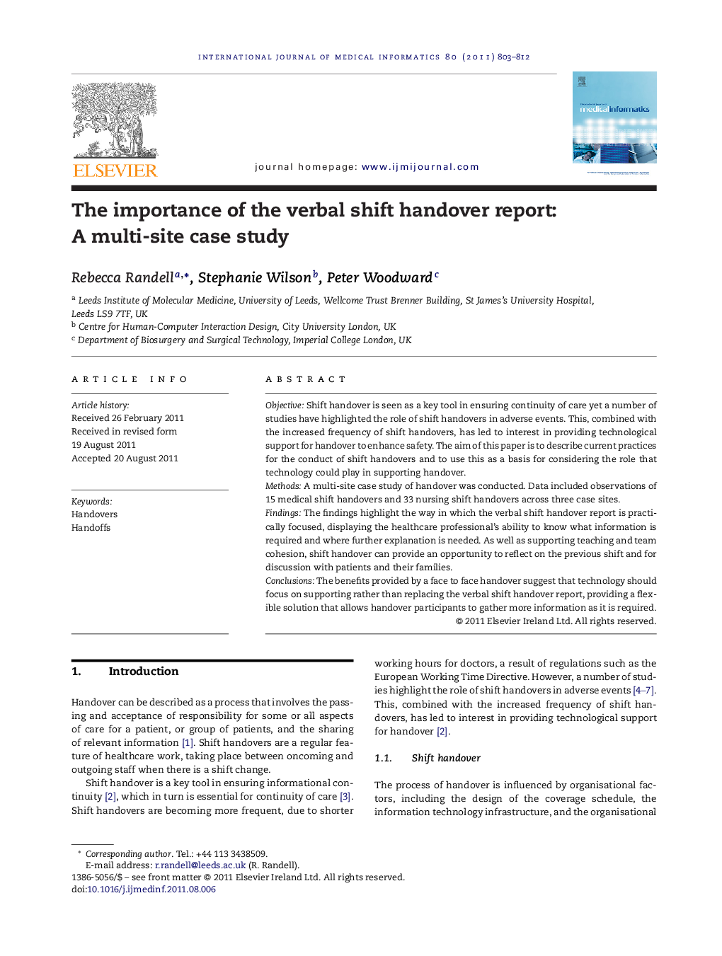 The importance of the verbal shift handover report: A multi-site case study