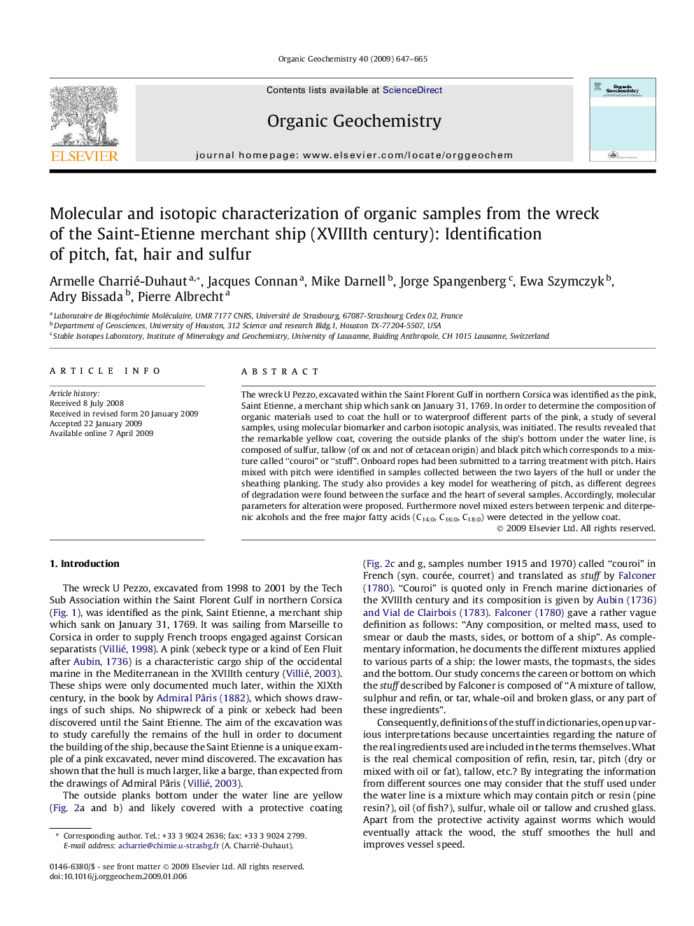 Molecular and isotopic characterization of organic samples from the wreck of the Saint-Etienne merchant ship (XVIIIth century): Identification of pitch, fat, hair and sulfur
