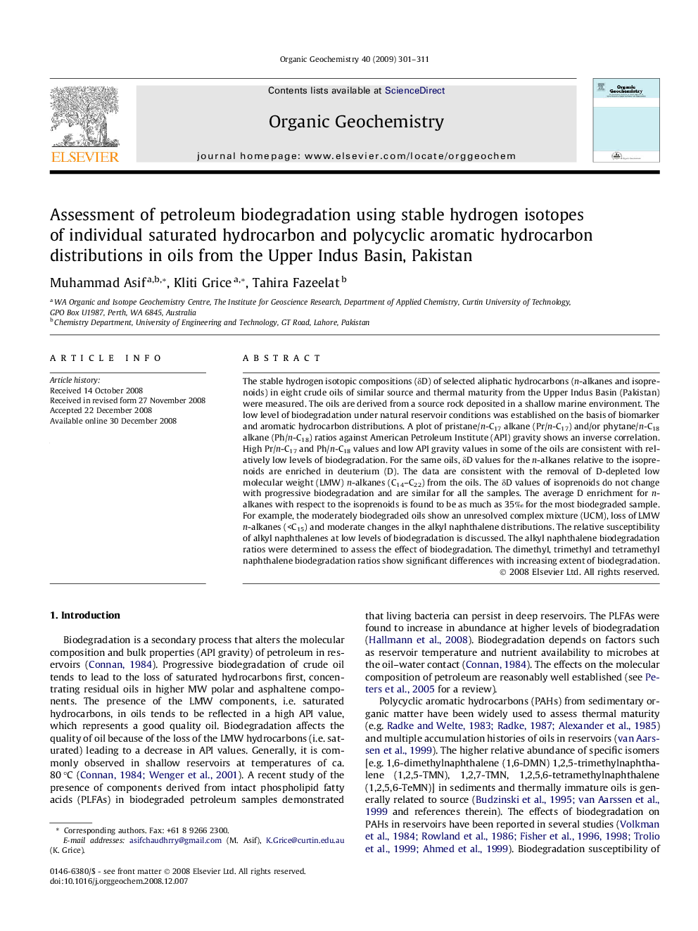 Assessment of petroleum biodegradation using stable hydrogen isotopes of individual saturated hydrocarbon and polycyclic aromatic hydrocarbon distributions in oils from the Upper Indus Basin, Pakistan