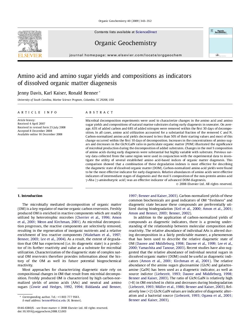 Amino acid and amino sugar yields and compositions as indicators of dissolved organic matter diagenesis