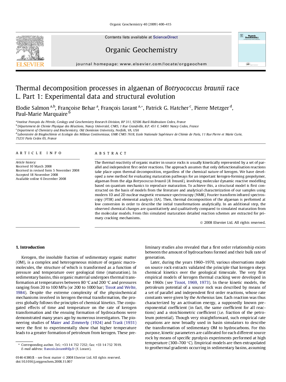Thermal decomposition processes in algaenan of Botryococcus braunii race L. Part 1: Experimental data and structural evolution