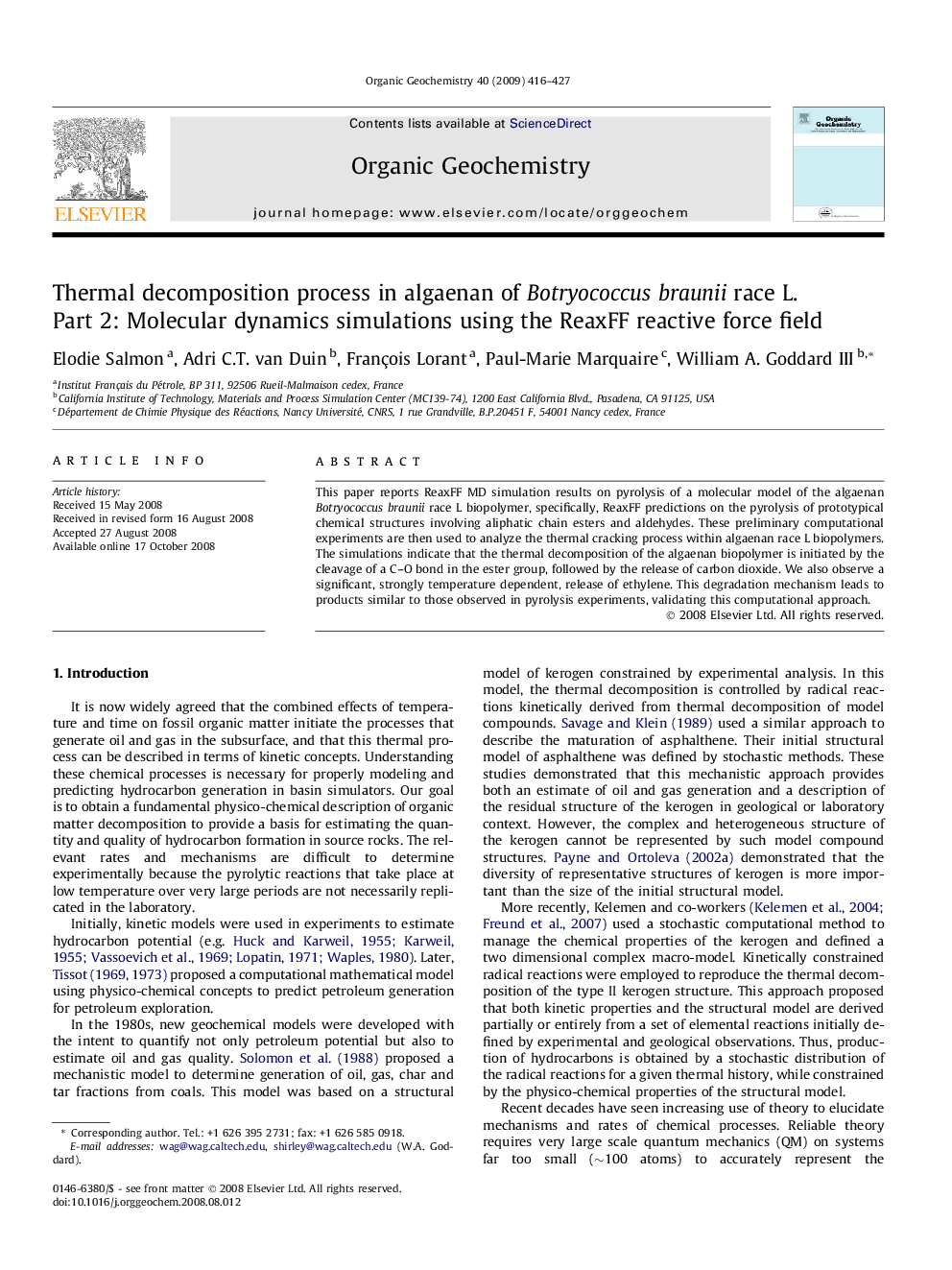 Thermal decomposition process in algaenan of Botryococcus braunii race L. Part 2: Molecular dynamics simulations using the ReaxFF reactive force field