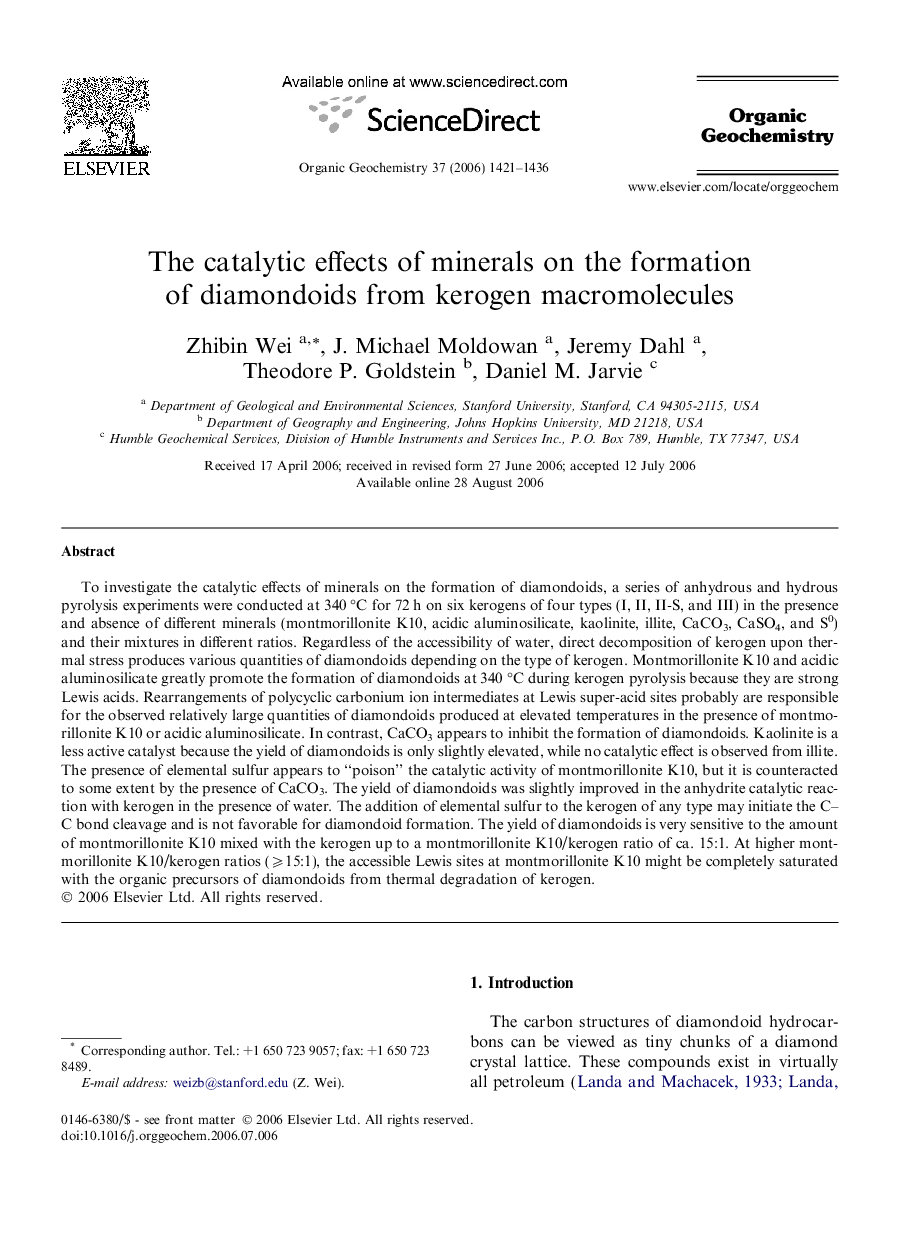 The catalytic effects of minerals on the formation of diamondoids from kerogen macromolecules