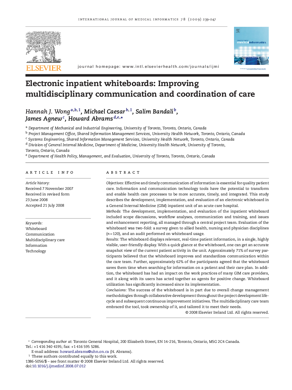 Electronic inpatient whiteboards: Improving multidisciplinary communication and coordination of care