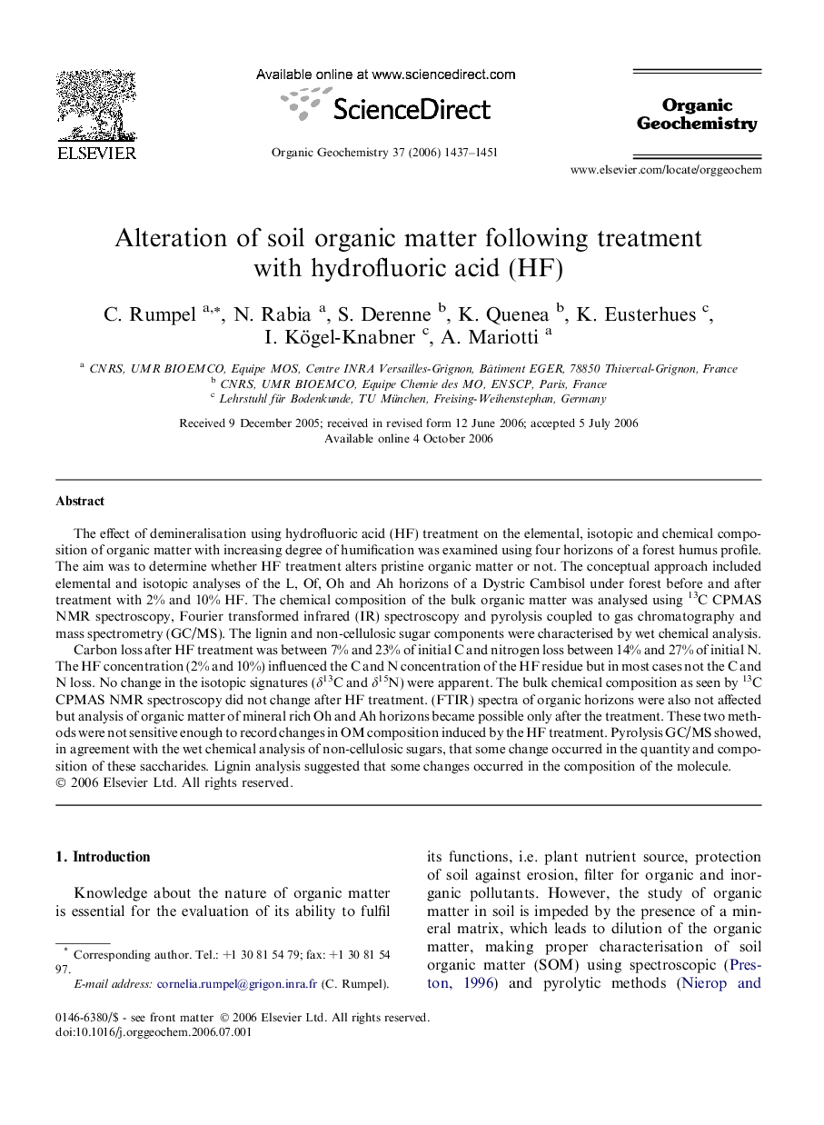Alteration of soil organic matter following treatment with hydrofluoric acid (HF)