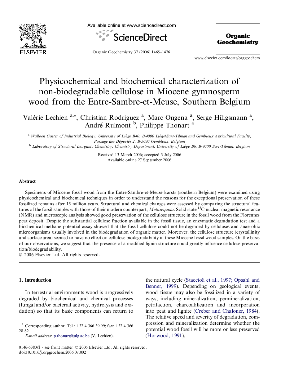 Physicochemical and biochemical characterization of non-biodegradable cellulose in Miocene gymnosperm wood from the Entre-Sambre-et-Meuse, Southern Belgium