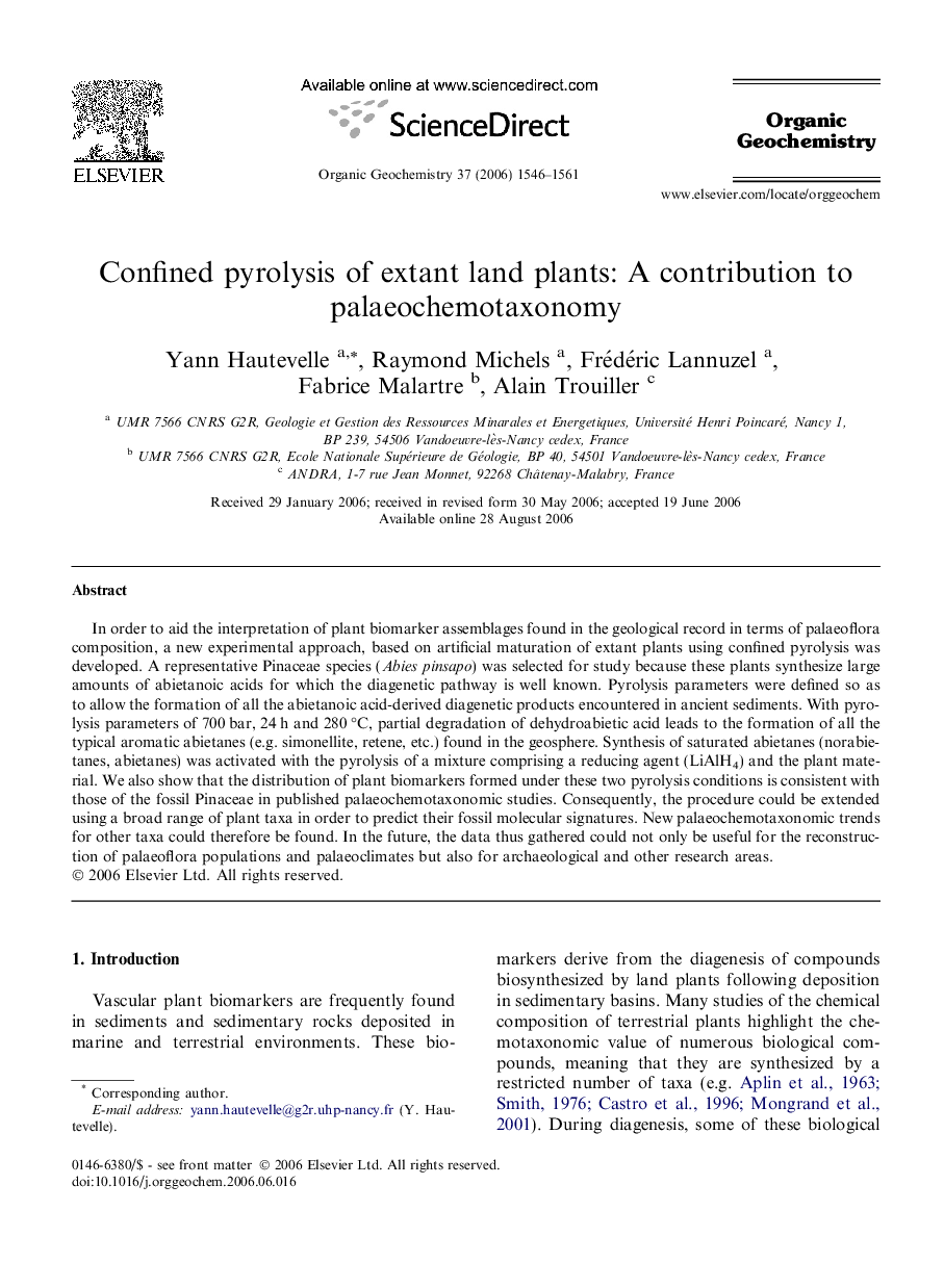 Confined pyrolysis of extant land plants: A contribution to palaeochemotaxonomy