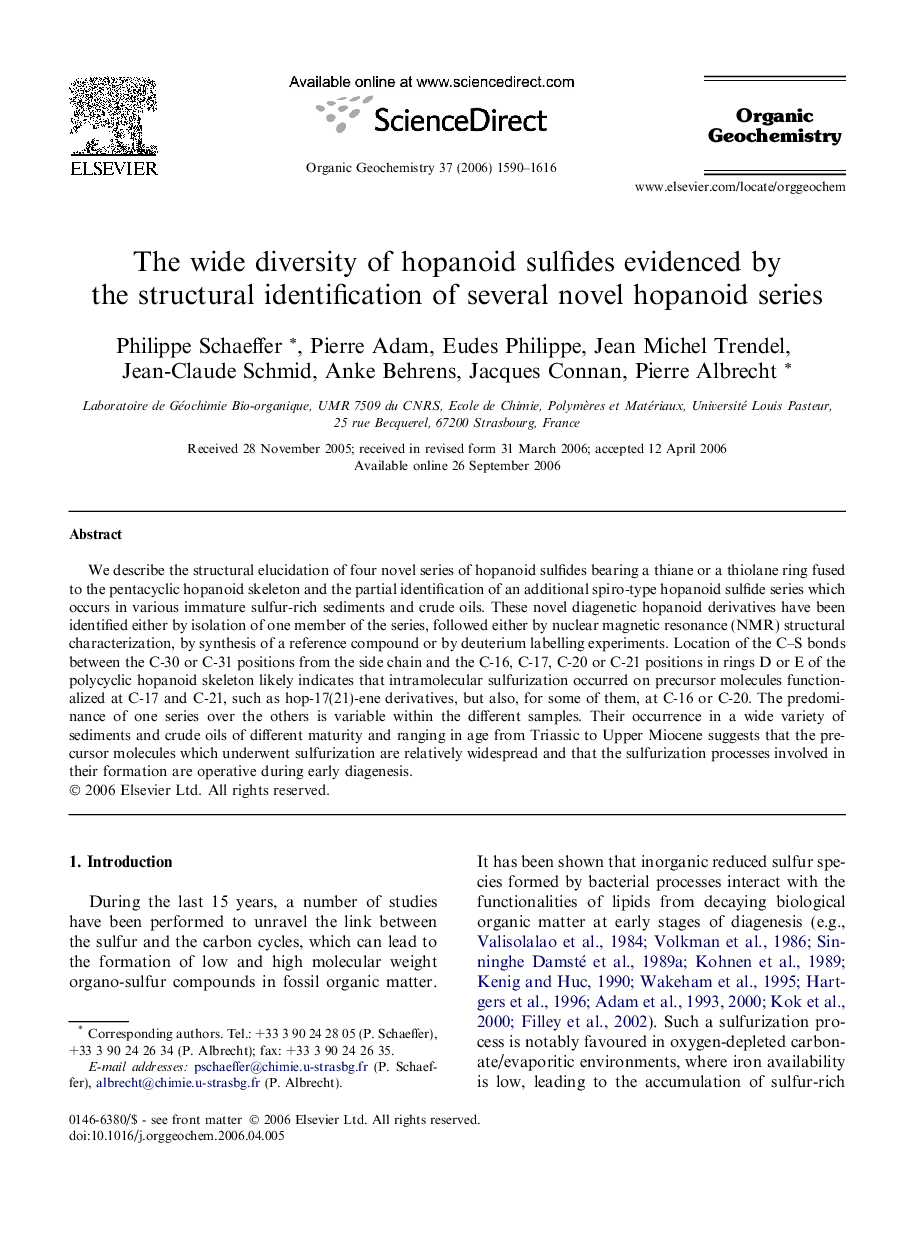 The wide diversity of hopanoid sulfides evidenced by the structural identification of several novel hopanoid series