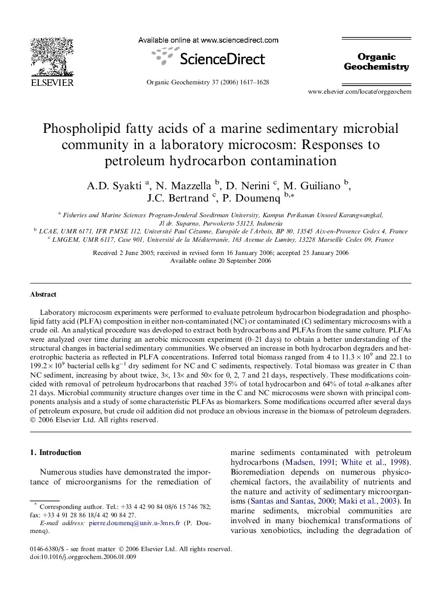 Phospholipid fatty acids of a marine sedimentary microbial community in a laboratory microcosm: Responses to petroleum hydrocarbon contamination