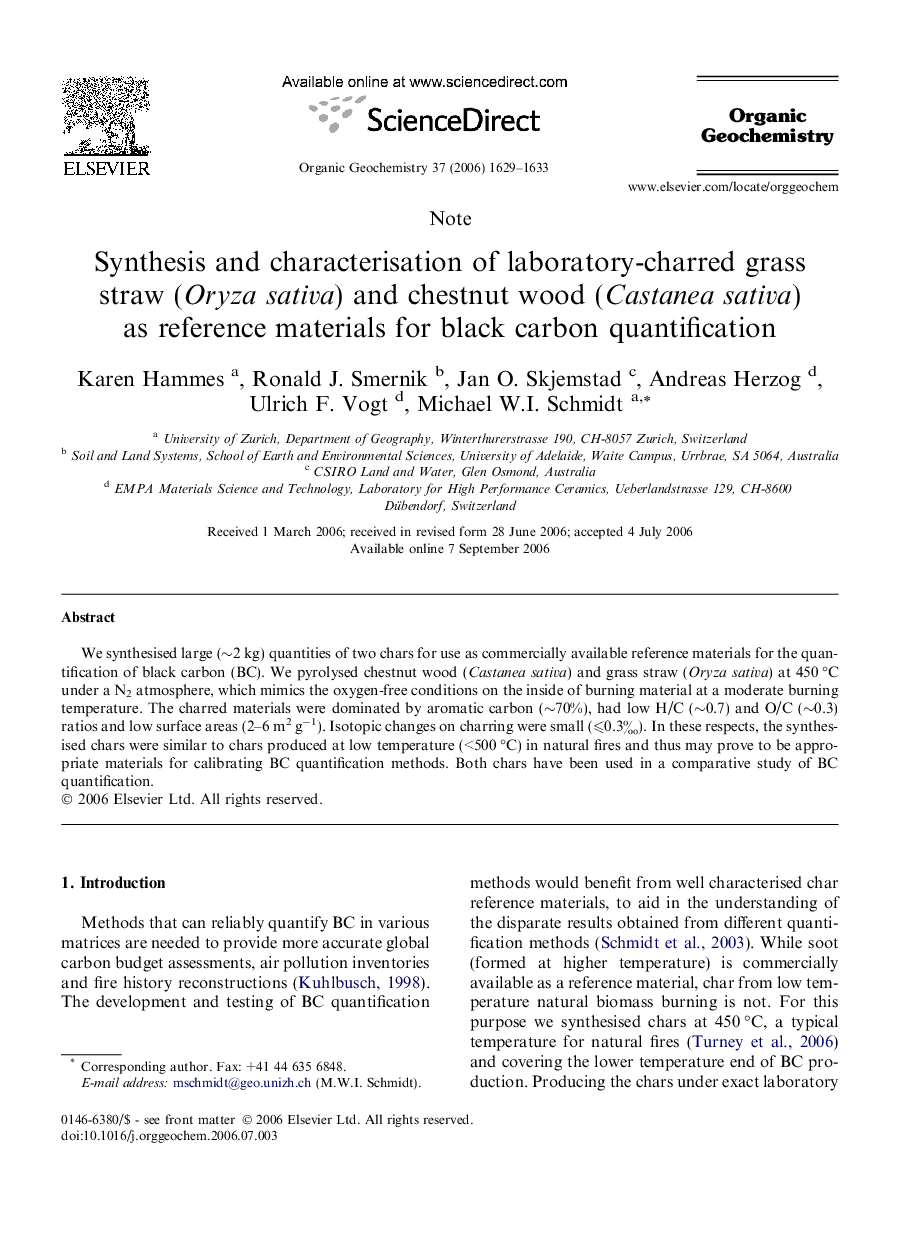 Synthesis and characterisation of laboratory-charred grass straw (Oryza sativa) and chestnut wood (Castanea sativa) as reference materials for black carbon quantification