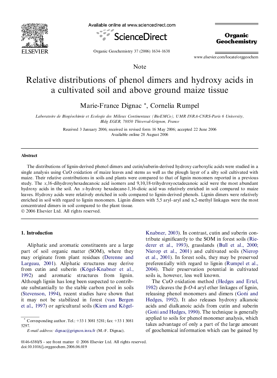 Relative distributions of phenol dimers and hydroxy acids in a cultivated soil and above ground maize tissue