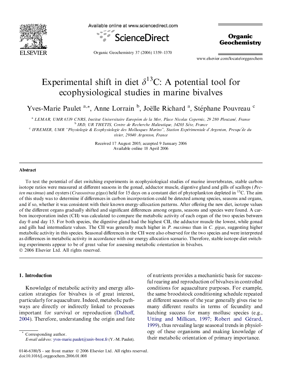 Experimental shift in diet Î´13C: A potential tool for ecophysiological studies in marine bivalves