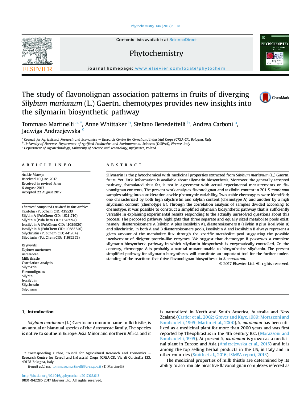 The study of flavonolignan association patterns in fruits of diverging Silybum marianum (L.) Gaertn. chemotypes provides new insights into the silymarin biosynthetic pathway