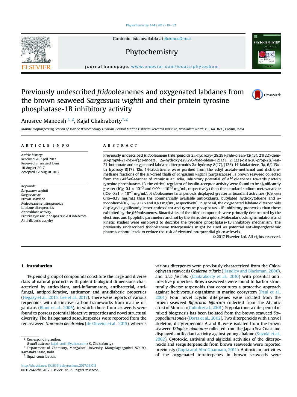 Previously undescribed fridooleanenes and oxygenated labdanes from the brown seaweed Sargassum wightii and their protein tyrosine phosphatase-1B inhibitory activity