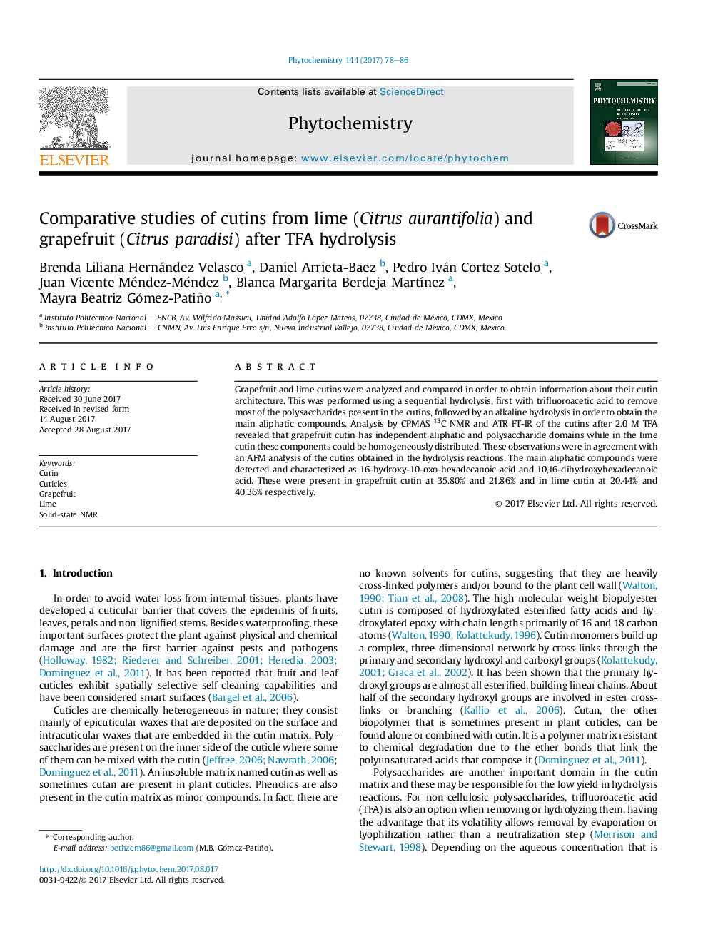 Comparative studies of cutins from lime (Citrus aurantifolia) and grapefruit (Citrus paradisi) after TFA hydrolysis