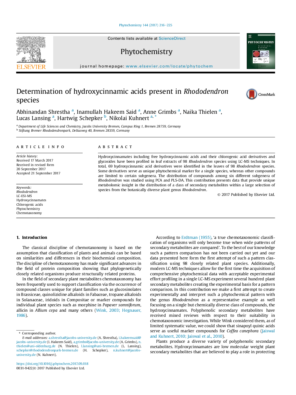 Determination of hydroxycinnamic acids present in Rhododendron species