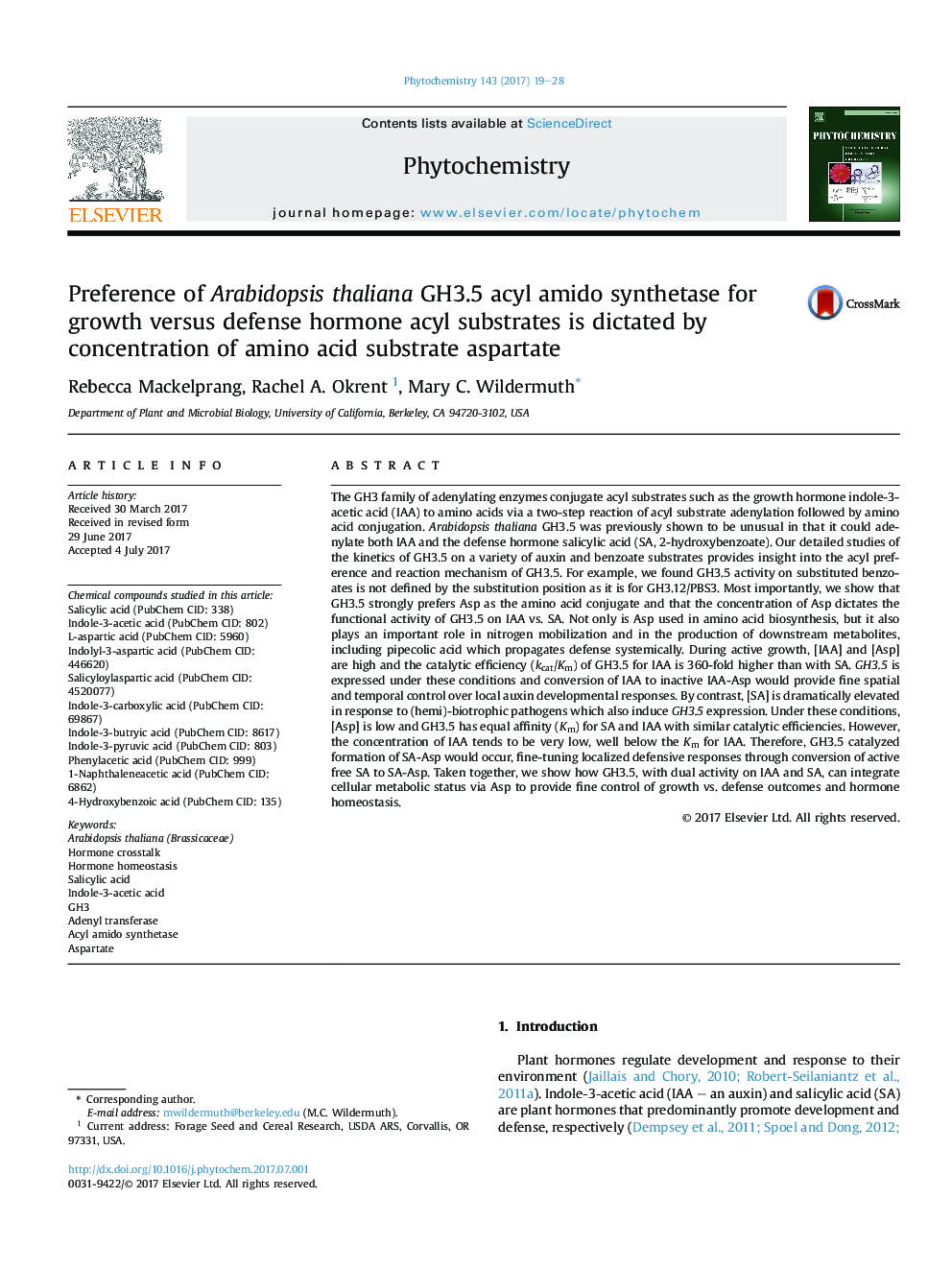 Preference of Arabidopsis thaliana GH3.5 acyl amido synthetase for growth versus defense hormone acyl substrates is dictated by concentration of amino acid substrate aspartate