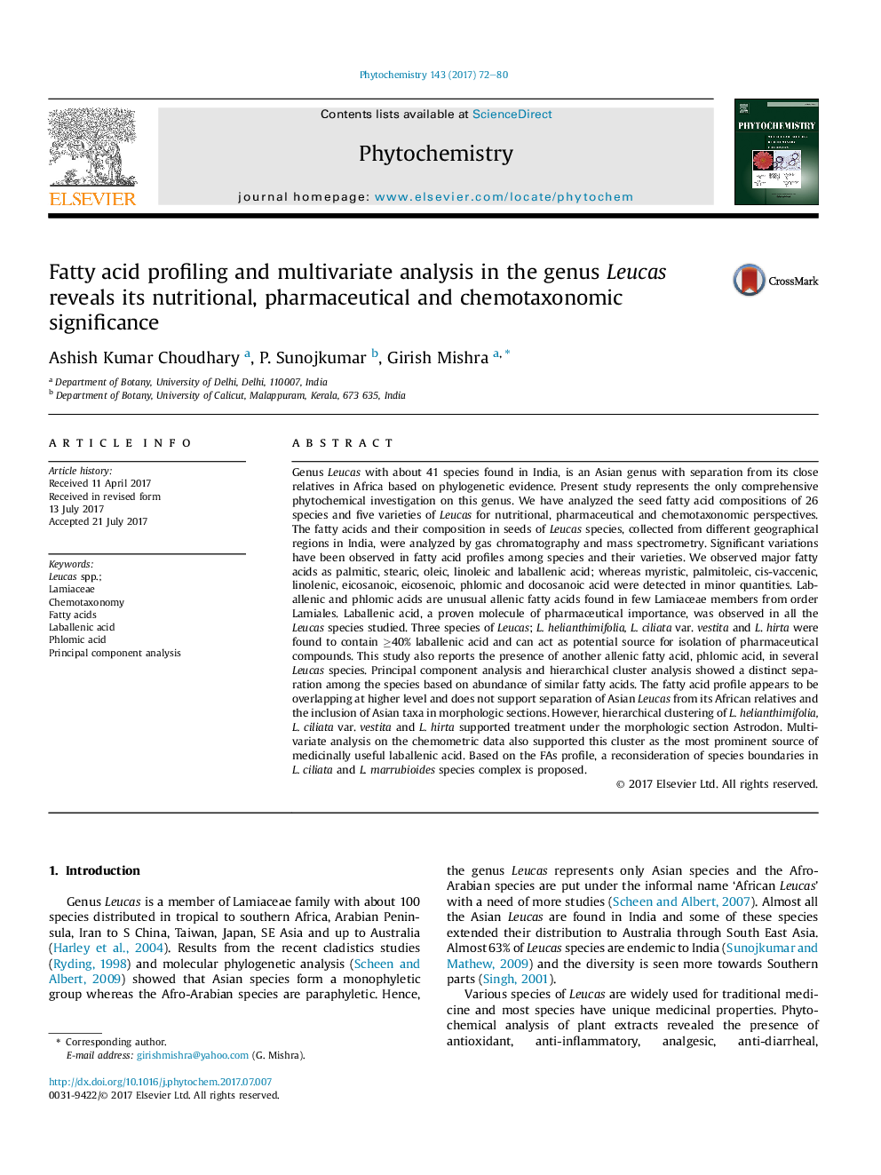 عکس صفحه اول مقاله: Fatty acid profiling and multivariate analysis in the genus Leucas reveals its nutritional, pharmaceutical and chemotaxonomic significance Fatty acid profiling and multivariate analysis in the genus Leucas reveals its nutritional, pharmaceutical and chemotaxonomic significance