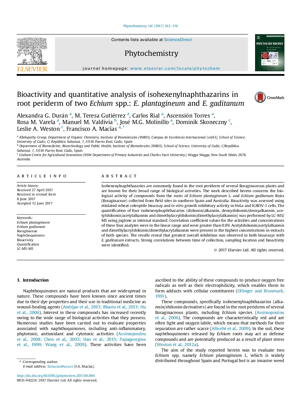 Bioactivity and quantitative analysis of isohexenylnaphthazarins in root periderm of two Echium spp.: E.Â plantagineum and E.Â gaditanum