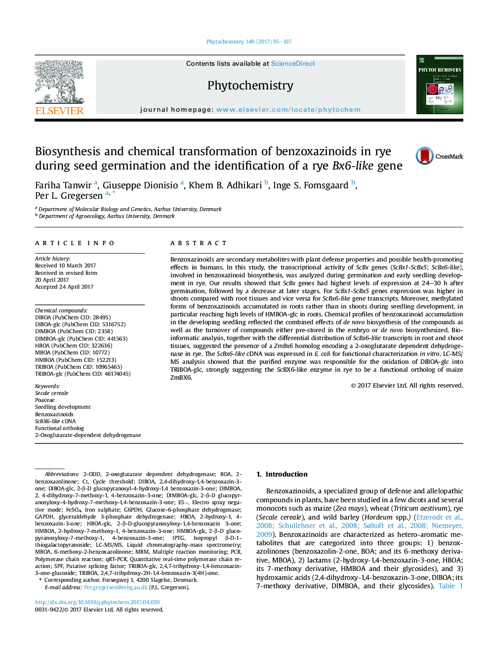 Biosynthesis and chemical transformation of benzoxazinoids in rye during seed germination and the identification of a rye Bx6-like gene