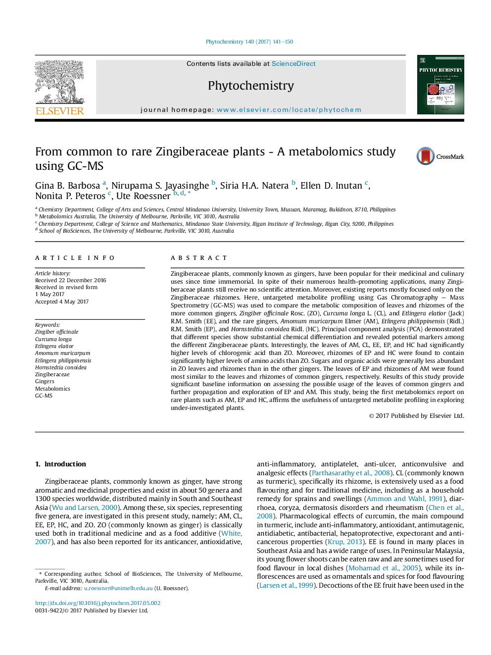 From common to rare Zingiberaceae plants - A metabolomics study using GC-MS