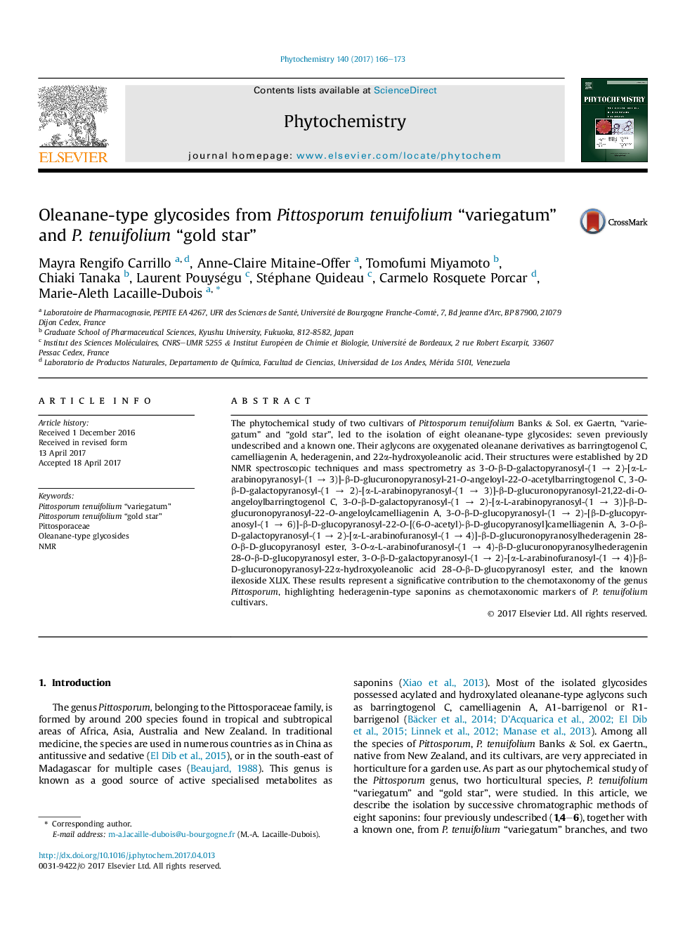 عکس صفحه اول مقاله: Oleanane-type glycosides from Pittosporum tenuifolium “variegatum” and P. tenuifolium “gold star” Oleanane-type glycosides from Pittosporum tenuifolium “variegatum” and P. tenuifolium “gold star”