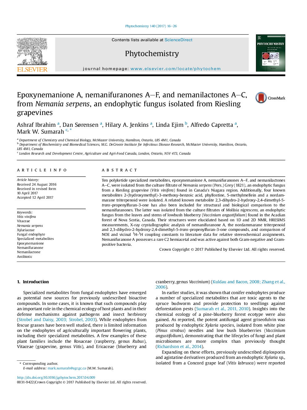 Epoxynemanione A, nemanifuranones A-F, and nemanilactones A-C, from Nemania serpens, an endophytic fungus isolated from Riesling grapevines