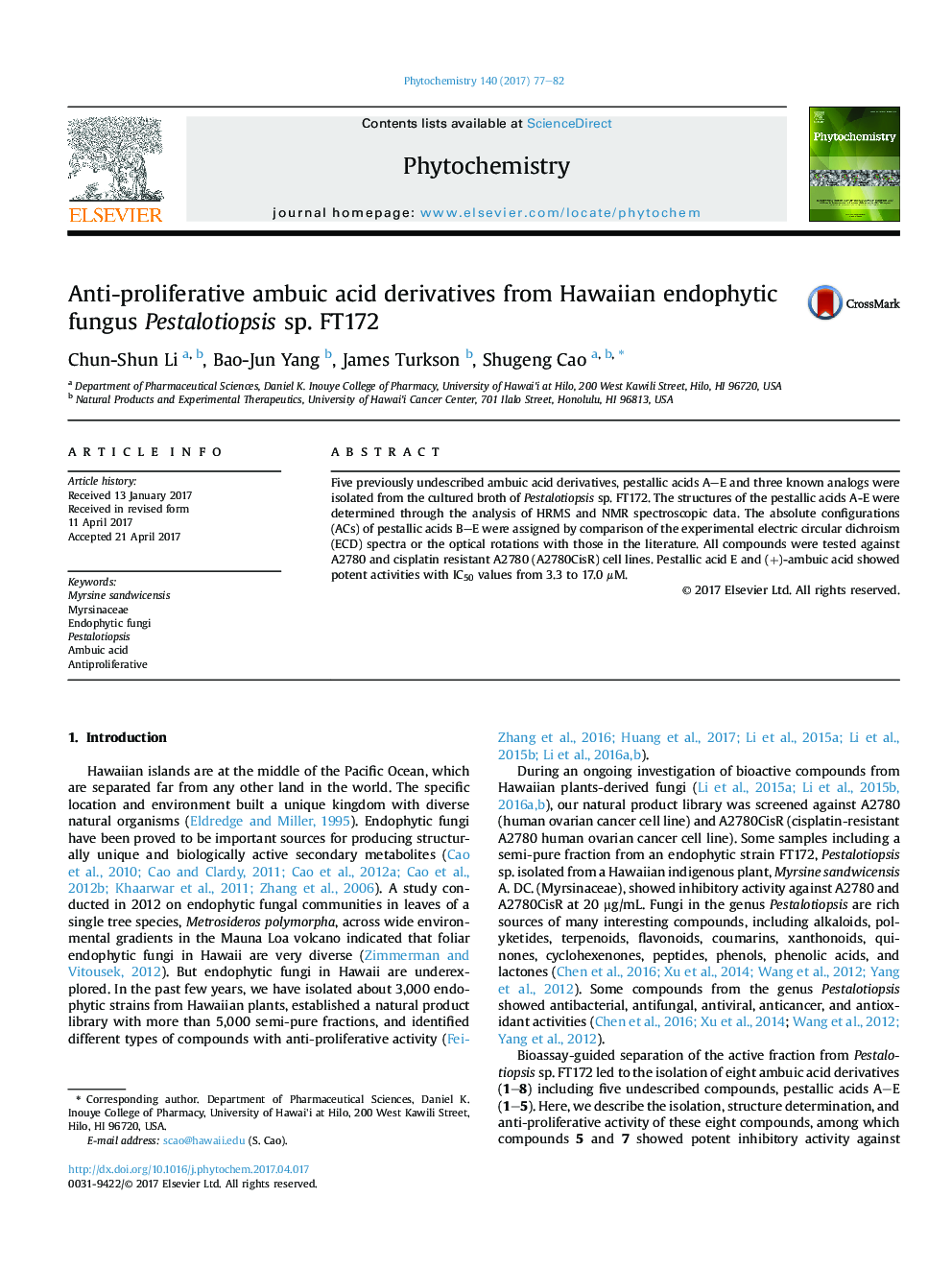 Anti-proliferative ambuic acid derivatives from Hawaiian endophytic fungus Pestalotiopsis sp. FT172