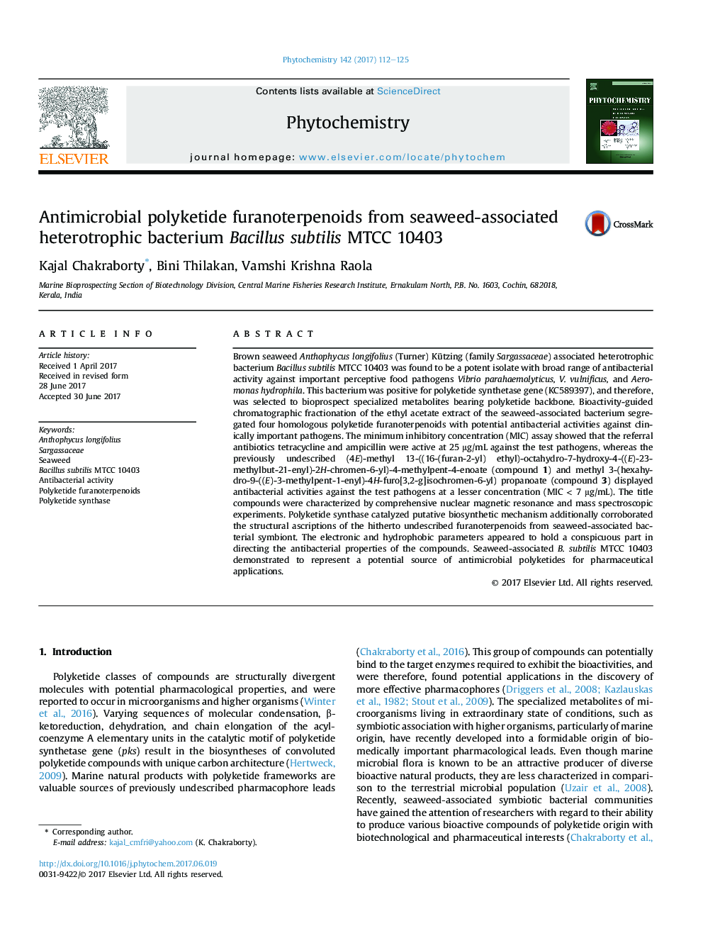 Antimicrobial polyketide furanoterpenoids from seaweed-associated heterotrophic bacterium Bacillus subtilis MTCC 10403