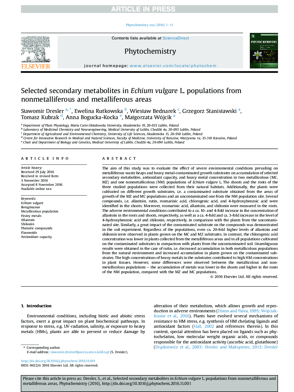 Selected secondary metabolites in Echium vulgare L. populations from nonmetalliferous and metalliferous areas