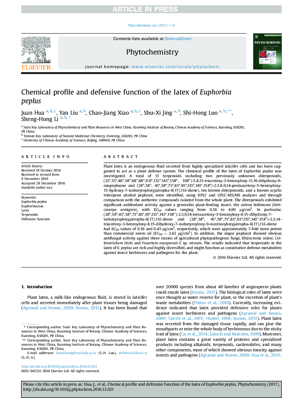 Chemical profile and defensive function of the latex of Euphorbia peplus