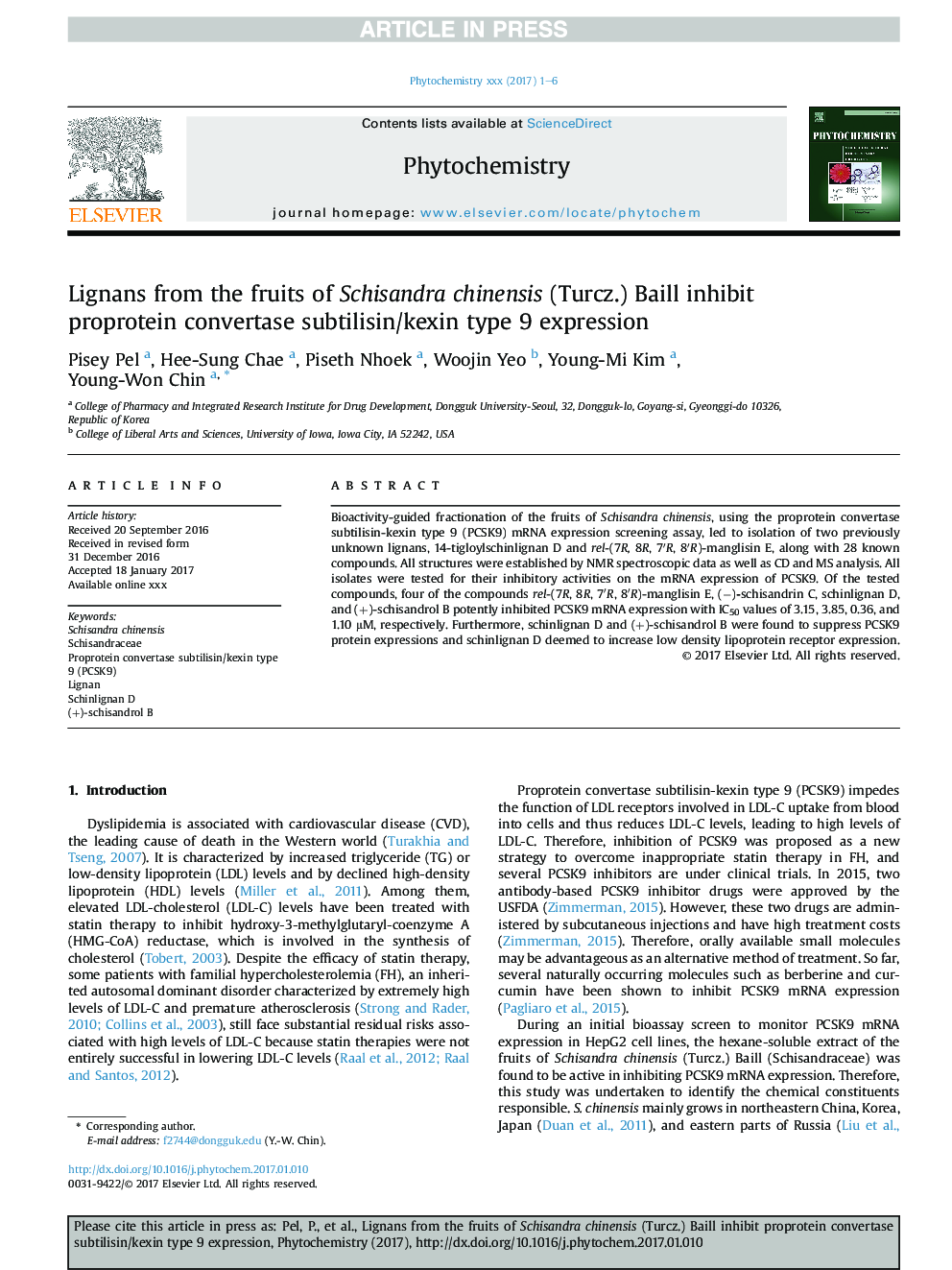 Lignans from the fruits of Schisandra chinensis (Turcz.) Baill inhibit proprotein convertase subtilisin/kexin type 9 expression