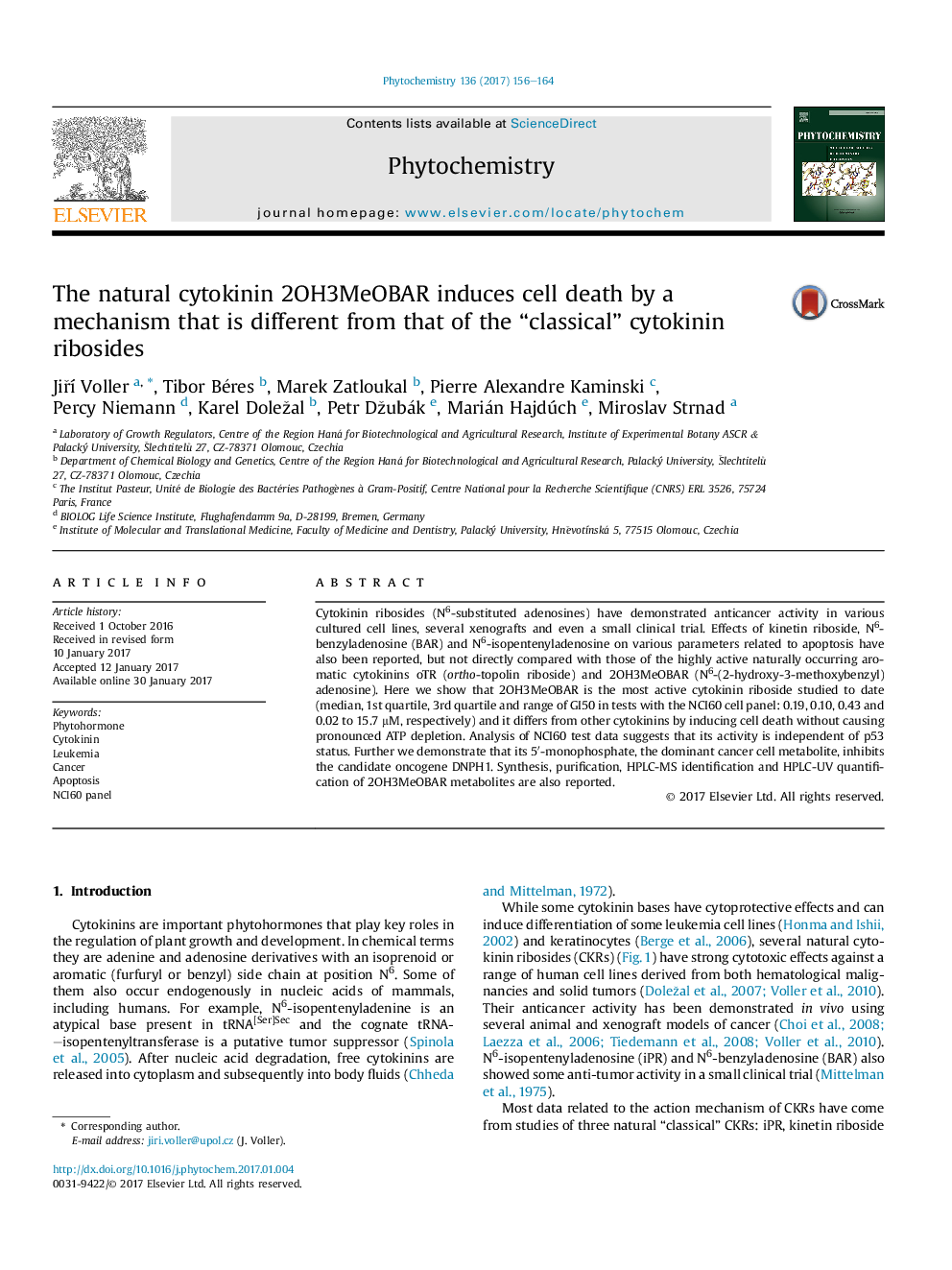 The natural cytokinin 2OH3MeOBAR induces cell death by a mechanism that is different from that of the “classical” cytokinin ribosides