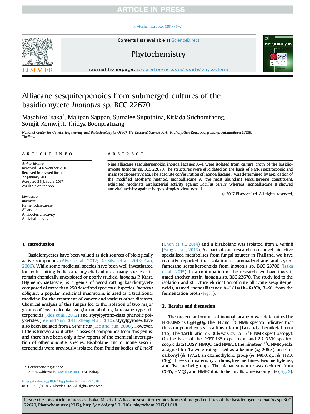 Alliacane sesquiterpenoids from submerged cultures of the basidiomycete Inonotus sp. BCC 22670