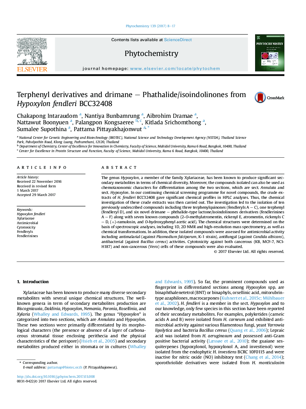 Terphenyl derivatives and drimane - Phathalide/isoindolinones from Hypoxylon fendleri BCC32408