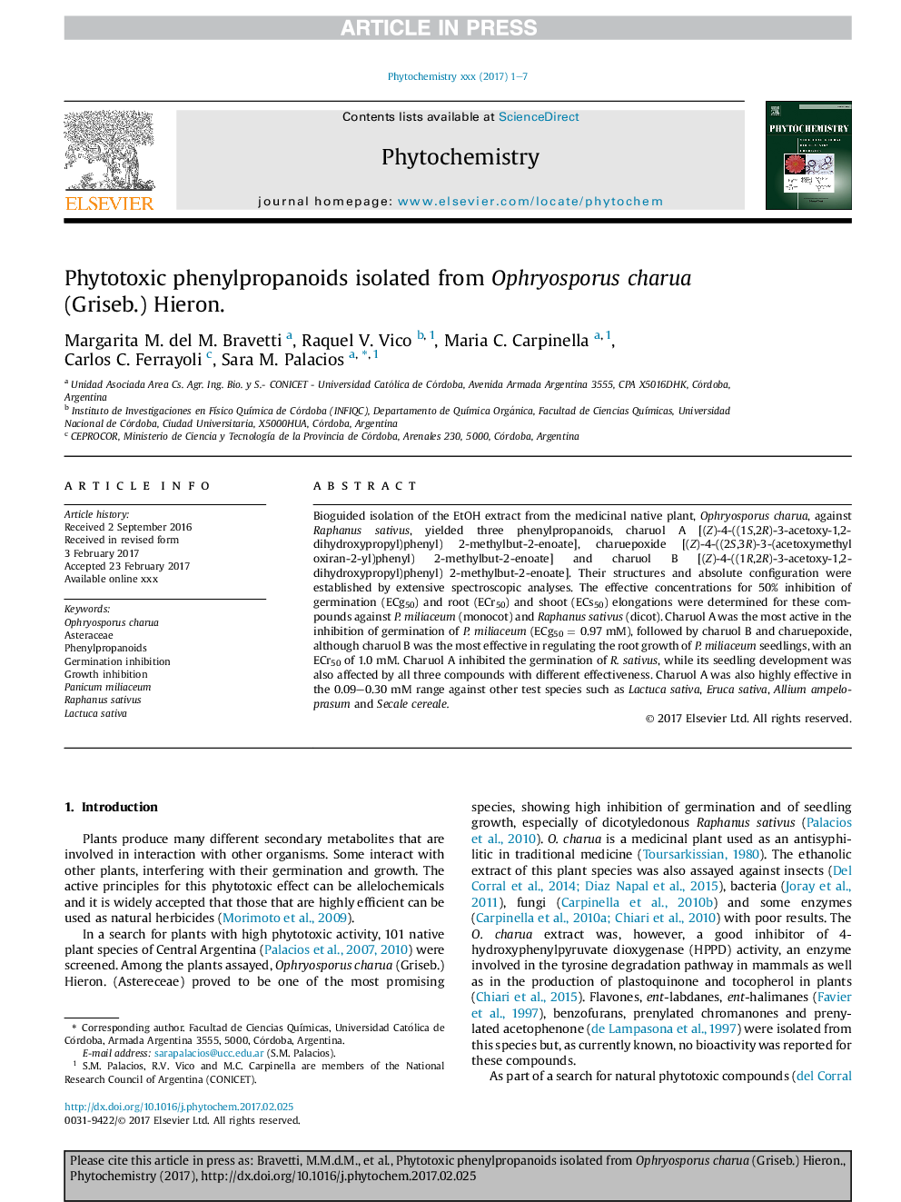 Phytotoxic phenylpropanoids isolated from Ophryosporus charua (Griseb.) Hieron.