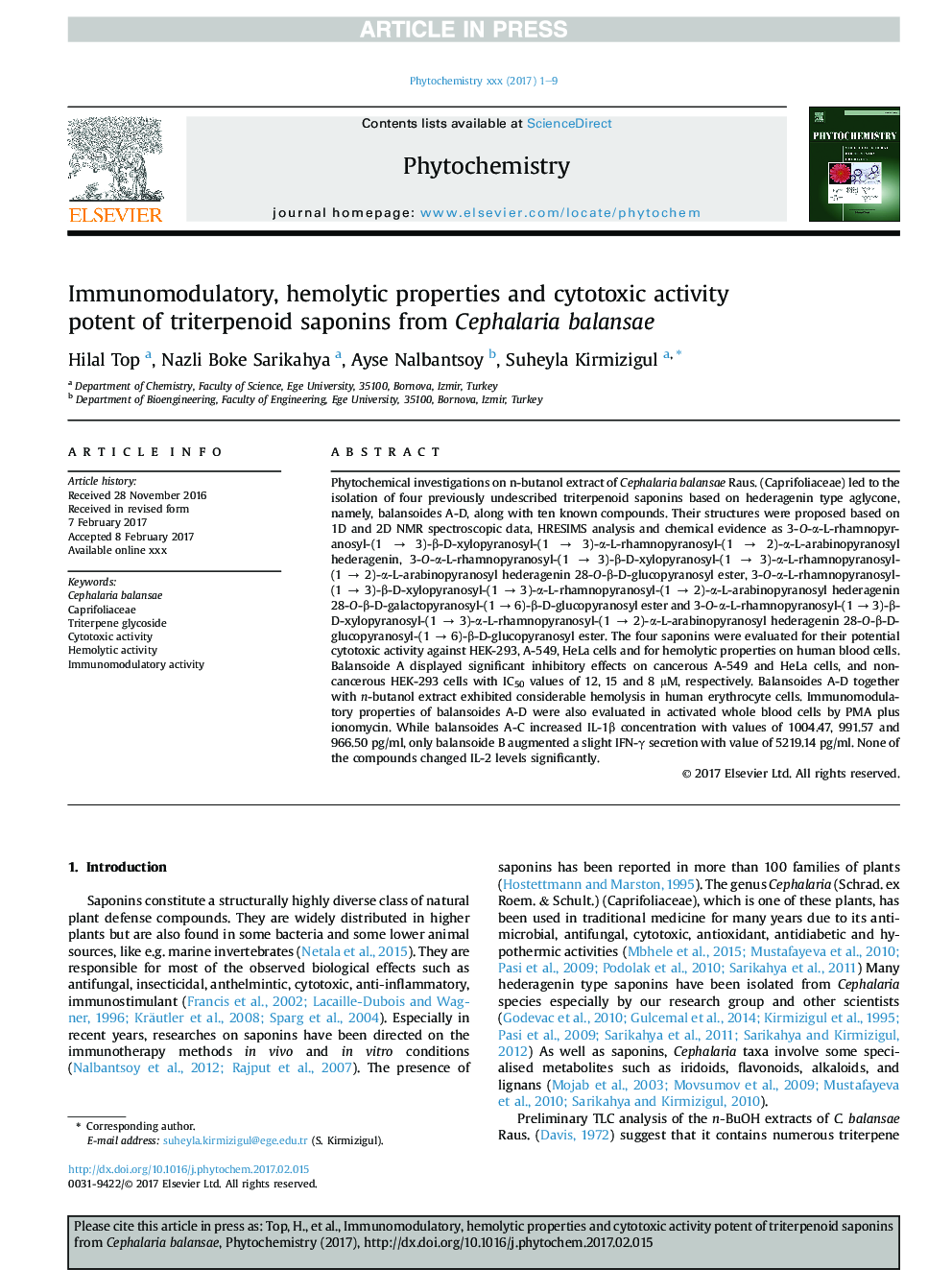Immunomodulatory, hemolytic properties and cytotoxic activity potent of triterpenoid saponins from Cephalaria balansae