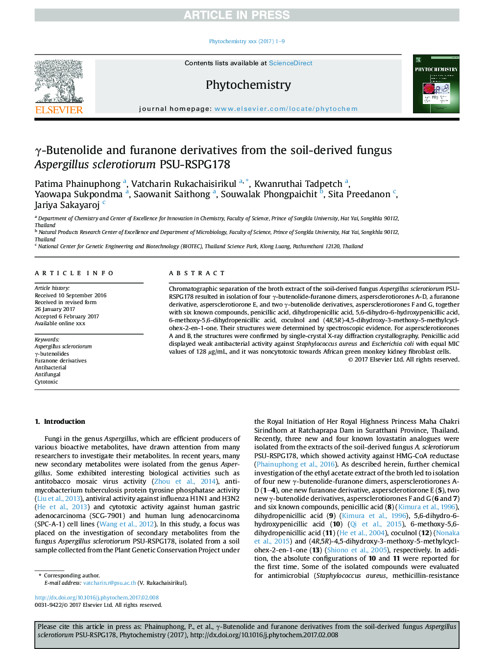 Î³-Butenolide and furanone derivatives from the soil-derived fungus Aspergillus sclerotiorum PSU-RSPG178