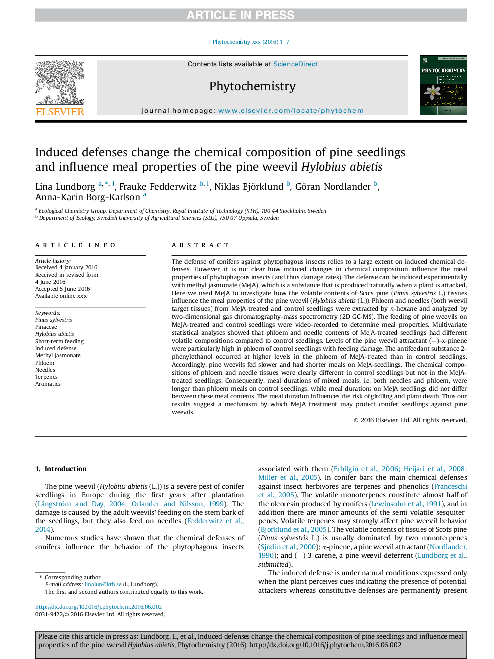 Induced defenses change the chemical composition of pine seedlings and influence meal properties of the pine weevil Hylobius abietis