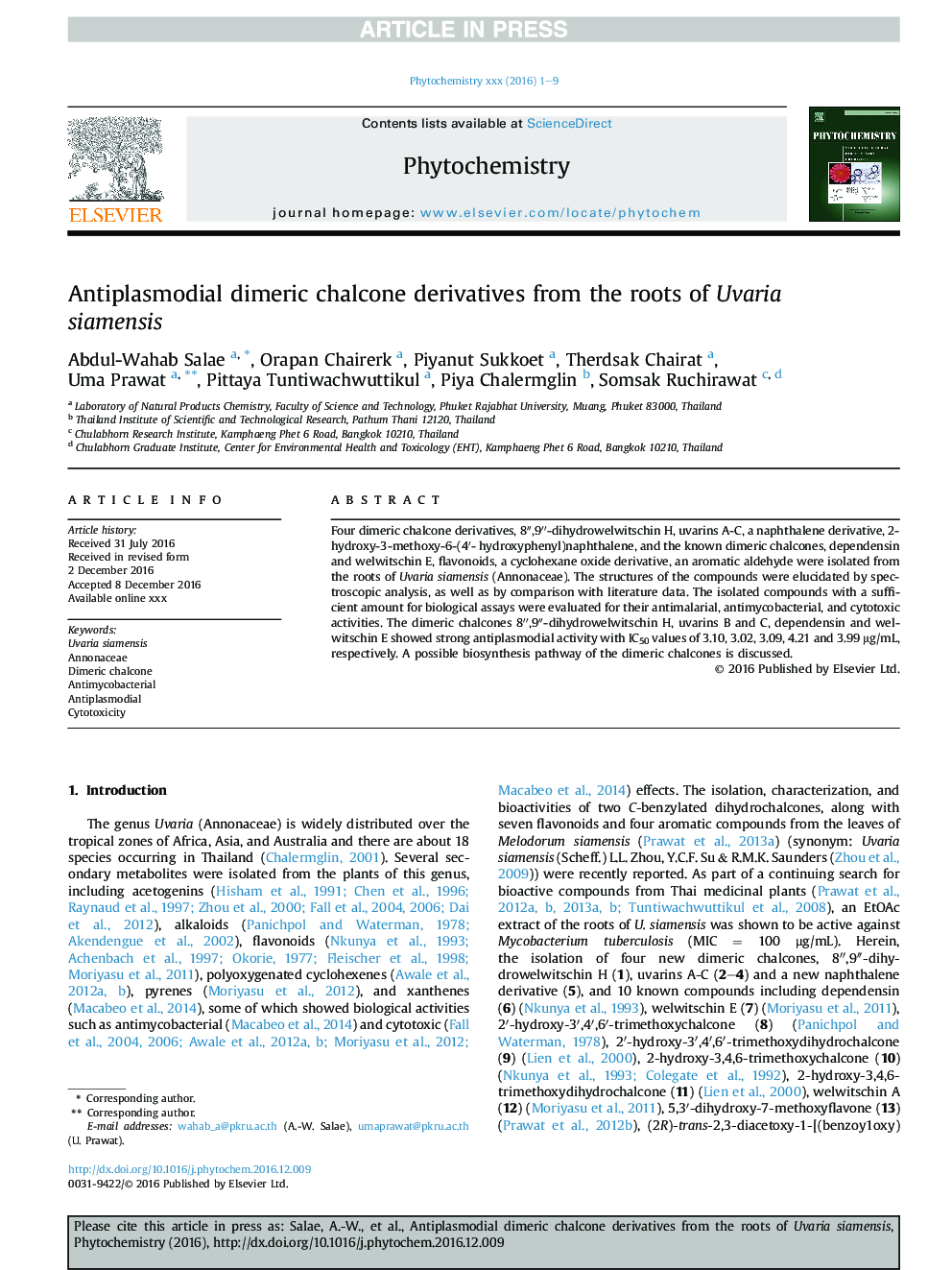 Antiplasmodial dimeric chalcone derivatives from the roots of Uvaria siamensis