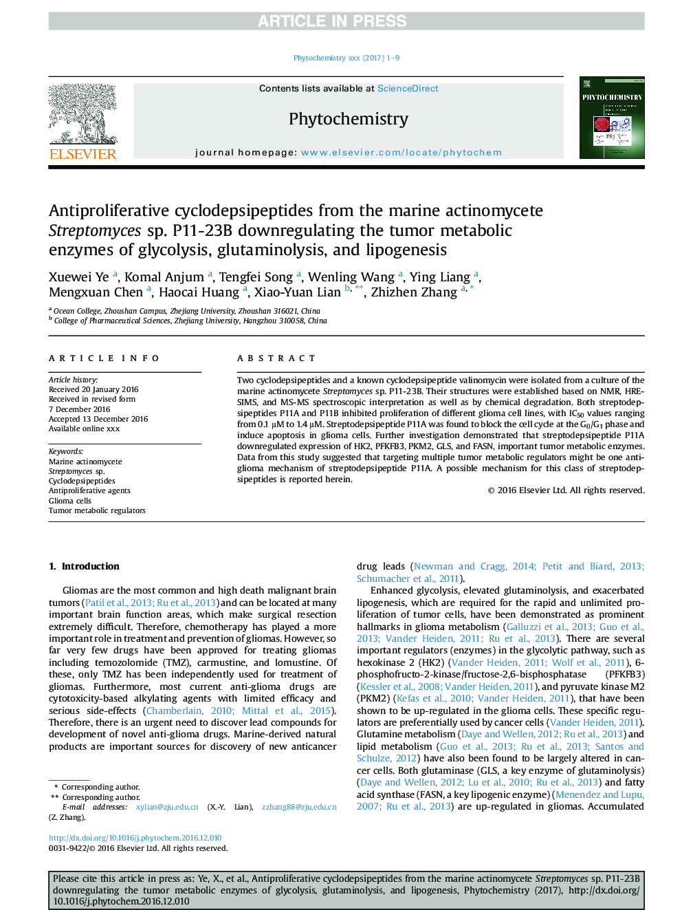 Antiproliferative cyclodepsipeptides from the marine actinomycete Streptomyces sp. P11-23B downregulating the tumor metabolic enzymes of glycolysis, glutaminolysis, and lipogenesis
