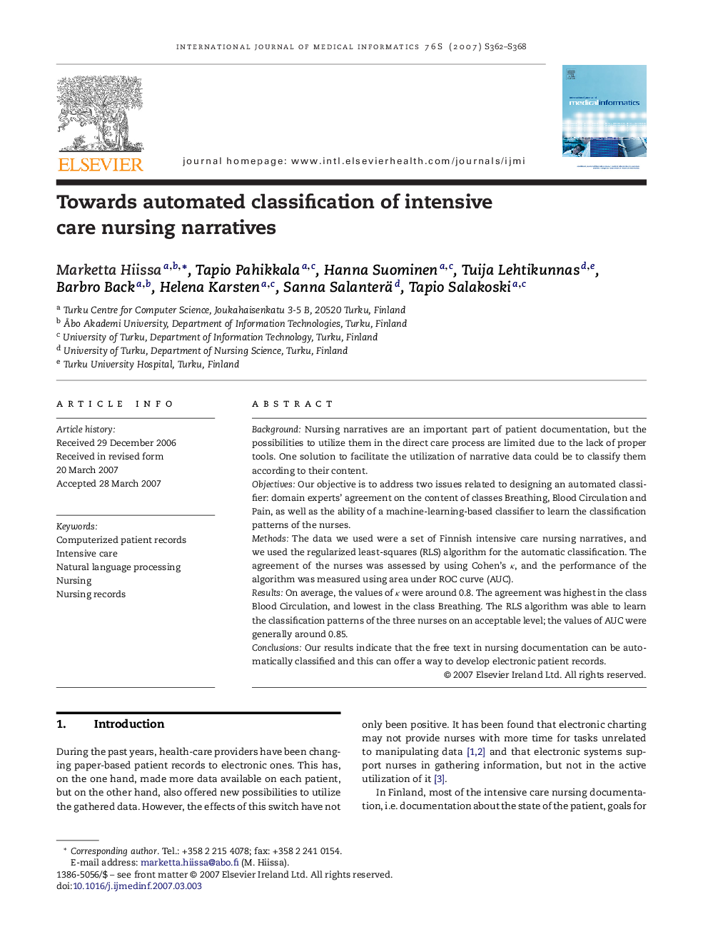 Towards automated classification of intensive care nursing narratives